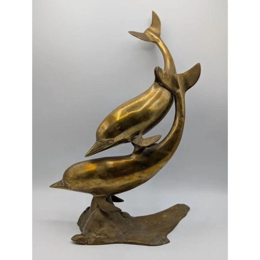 VTG 50s Large Brass Double Swimming Dolphins Sculpture MCM 15